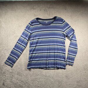 Eddie Bauer Women's Large Long Sleeve Shirt Blue Gray Stripes 100% Cotton